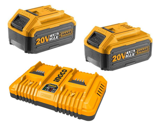 Ingco 20V 5.0Ah Batteries & Double Charger Combo
