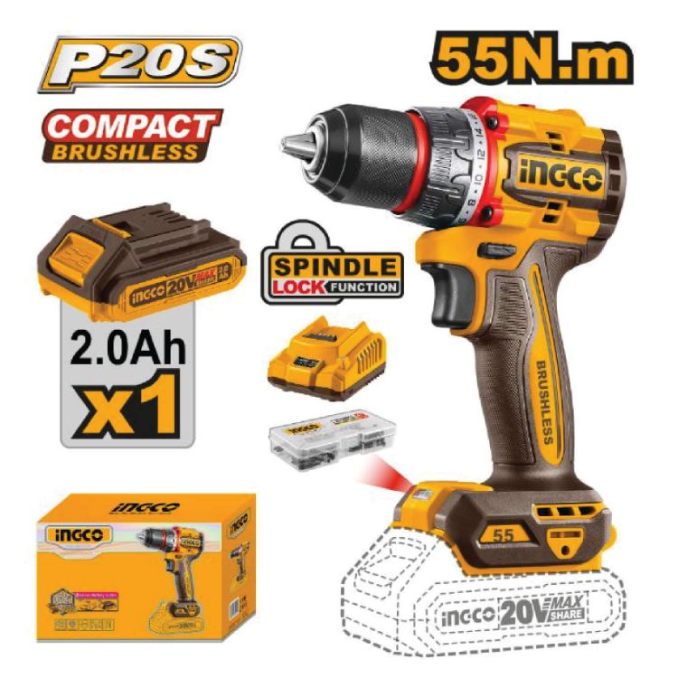 Picture of DRILL DRIVER (INGCO) 20V 55Nm 1x2.0Ah/CHARGER KIT