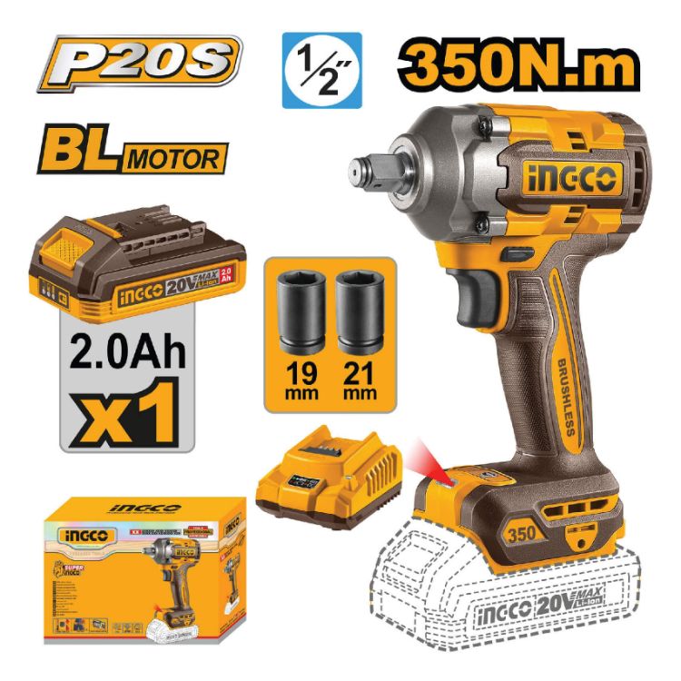 Picture of IMPACT WRENCH (INGCO) 20V B/LESS KIT 350NM X 1 BAT