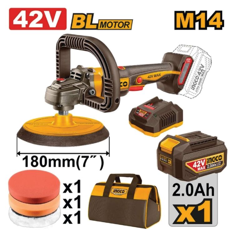 Picture of POLISHER ANGLE (INGCO) 42V 180mm B/LESS + ASS KIT