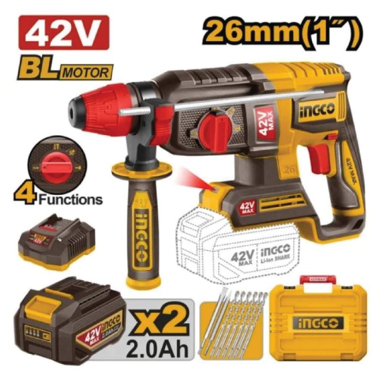 Picture of DRILL ROTARY HAMMER (INGCO) 42V B/LESS + ASS KIT