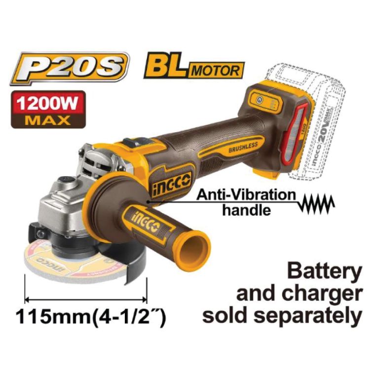 Picture of ANGLE GRINDER (INGCO) 20V 115MM B/LESS SOLO
