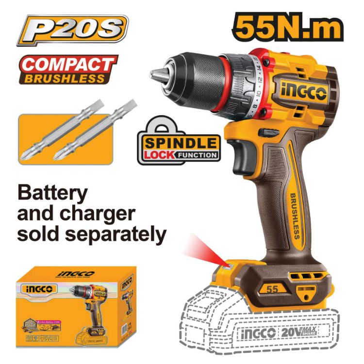 Picture of DRILL DRIVER (INGCO) 20V 55NM B/LESS SOLO