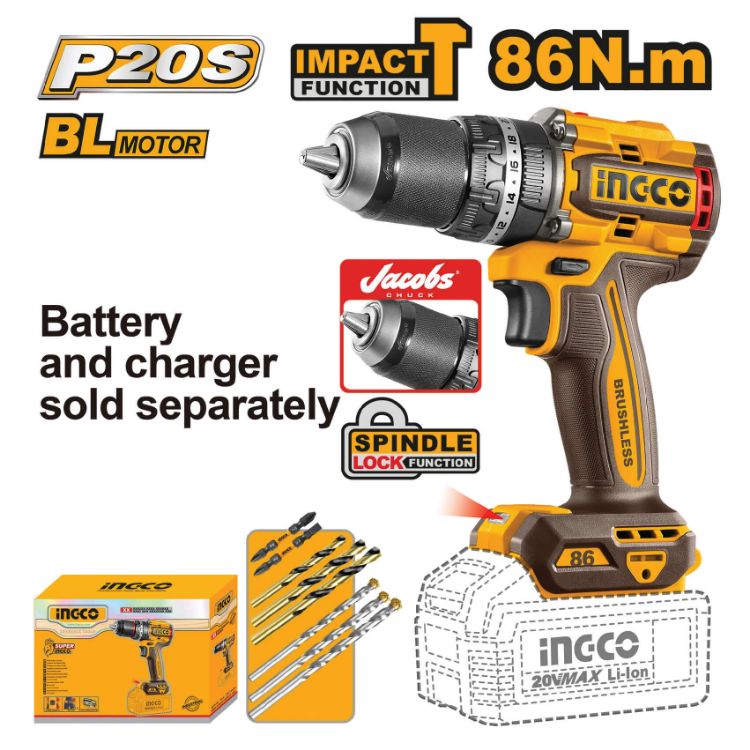 Picture of DRILL IMPACT (INGCO) 20V B/LESS 86NM SOLO
